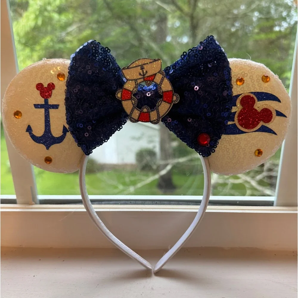 Handmade Disney Cruise Inspired Nautical Mickey Mouse Ears Headband Sequin Bow